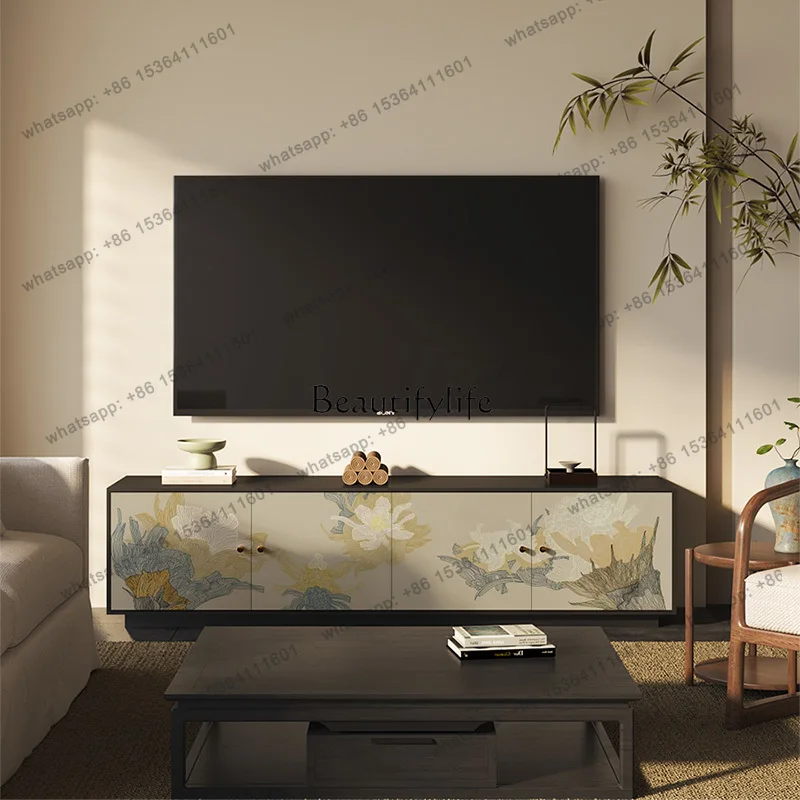 Factory Direct  New Chinese simple flower household solid wood TV cabinet living room decorative locker