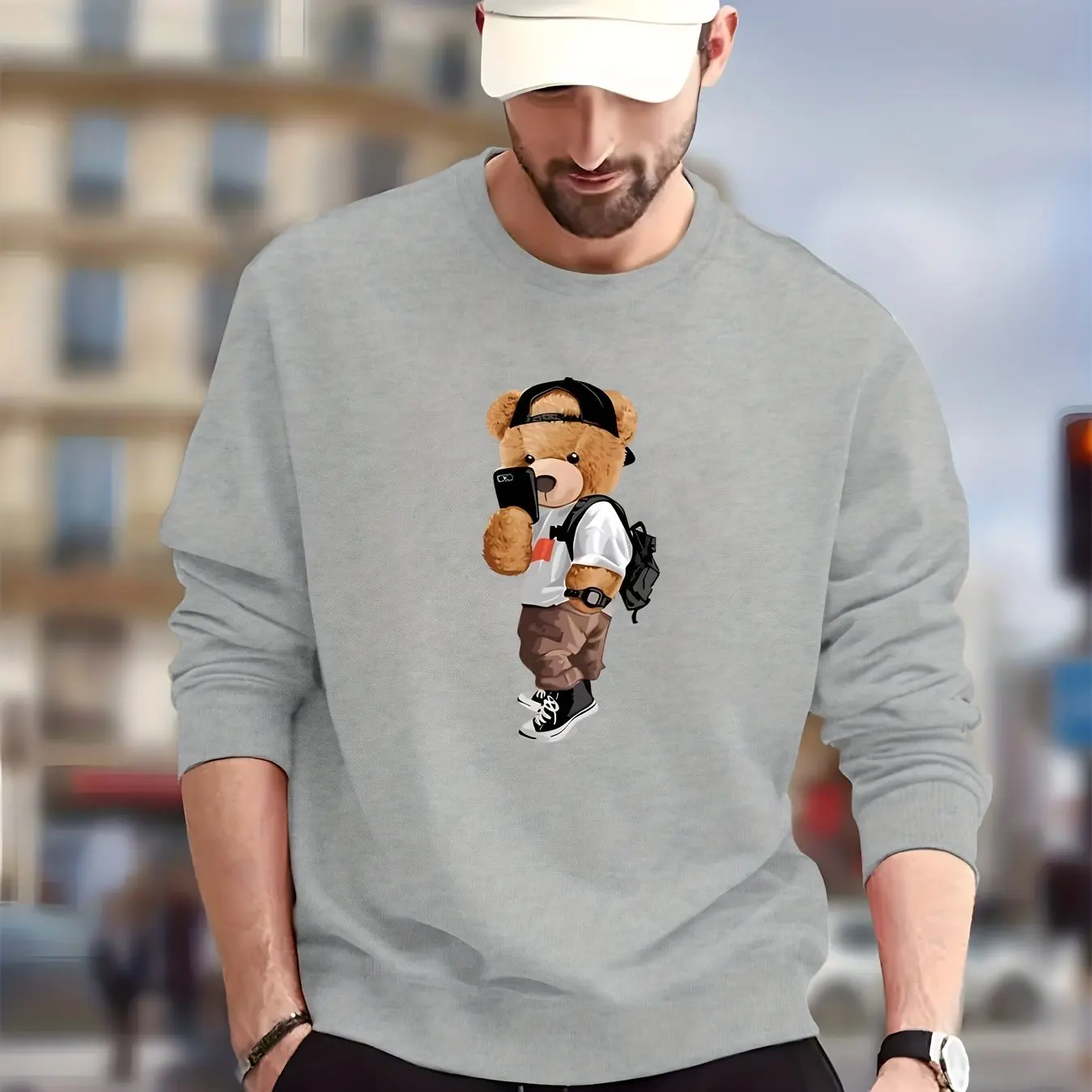 Men's Stylish Teddy Bear Print Sweatshirt - Casual Graphic Design Crew Neck Pullover for Autumn/Winter