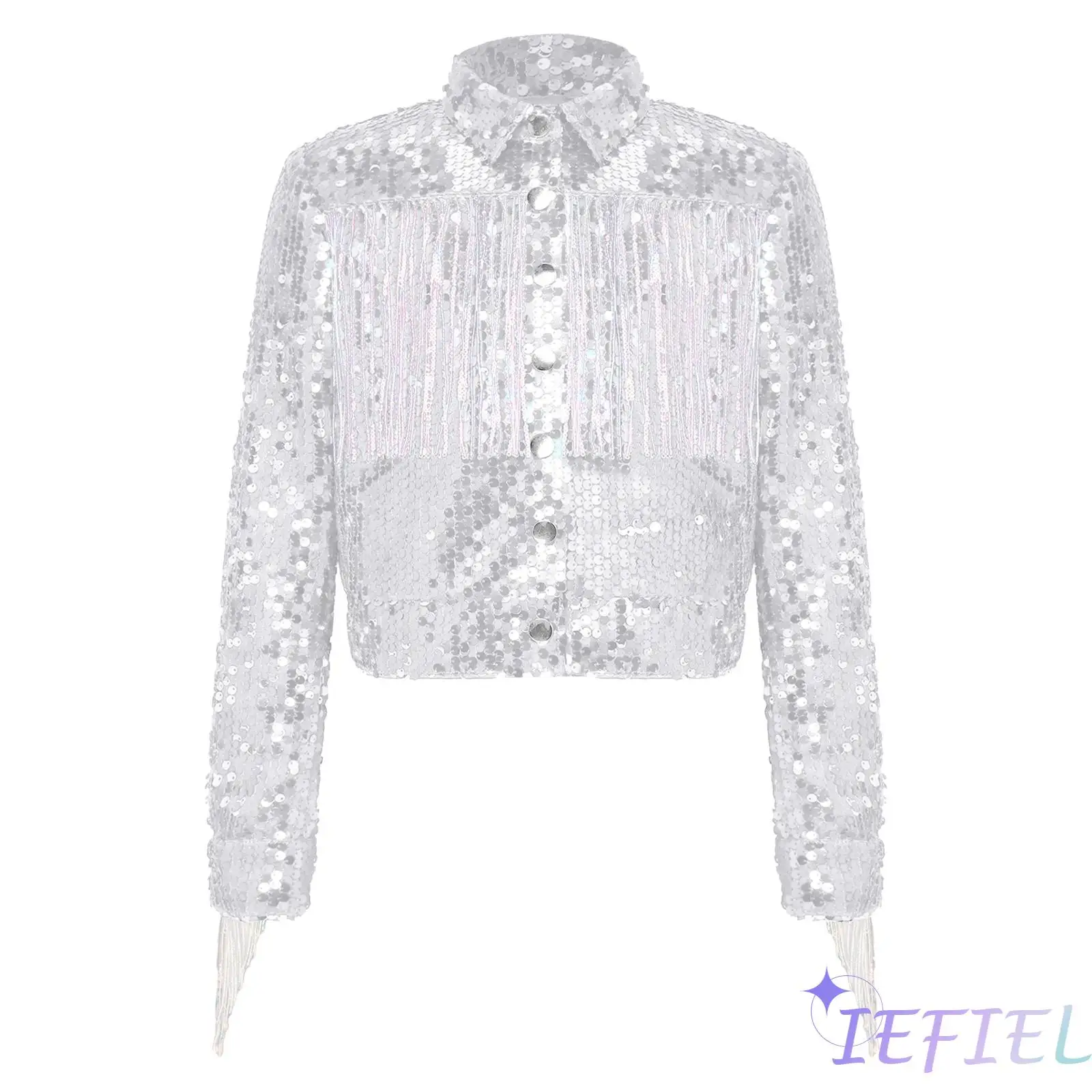

Sparkly Sequin Crop Blazer for Kids Girls Fringe Tassel Lapel Long Sleeve Press Button Jacket Jazz Hip Hop Street Dance Costume
