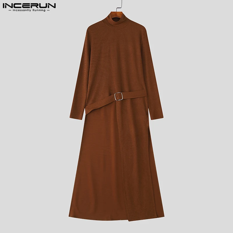 INCERUN الرجال نمط طويل تي شيرت بلون الياقة المدورة طويلة الأكمام غير النظامية المحملة القمم الرجال الشارع الشهير موضة ملابس الرجال غير رسمية