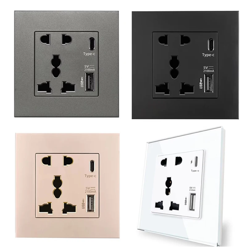 Toma de pared tipo 86 con carga rápida USB-C | Salida multipuerto 5 en 1 | Panel de pared eléctrico moderno de 110 ~ 250 V para oficina en casa