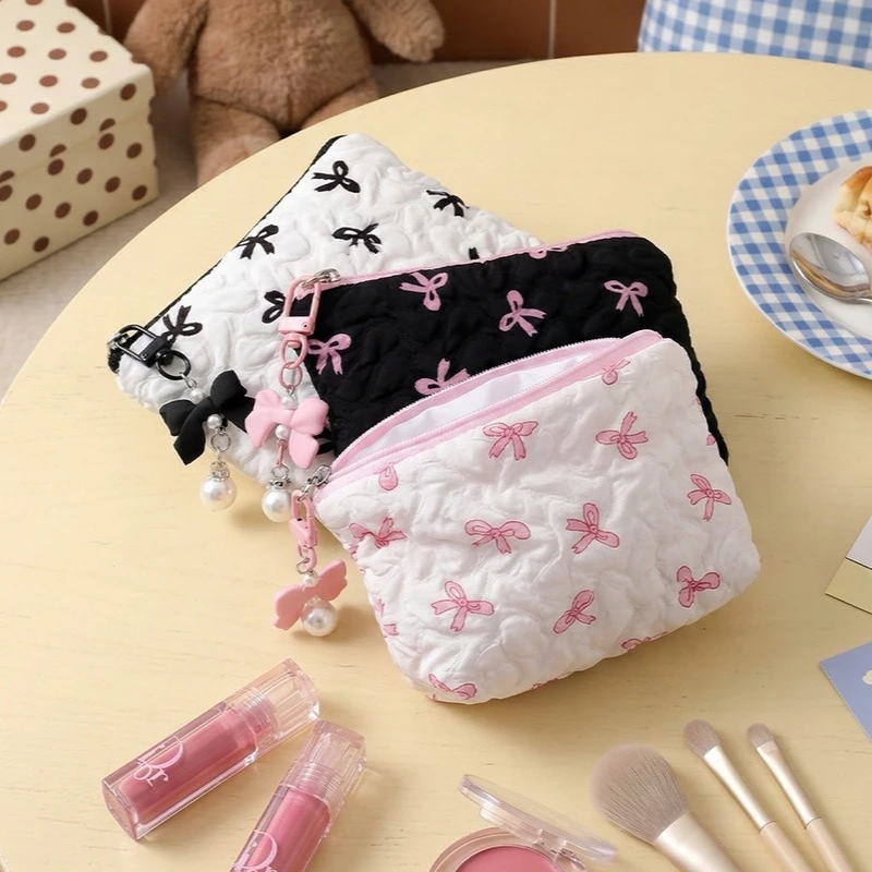 1pc Embroidered Bow Makeup Bag, High Appearance Level, Coin Purse Storage Bag, Cute, Large Capacity, High-end Makeup Bag
