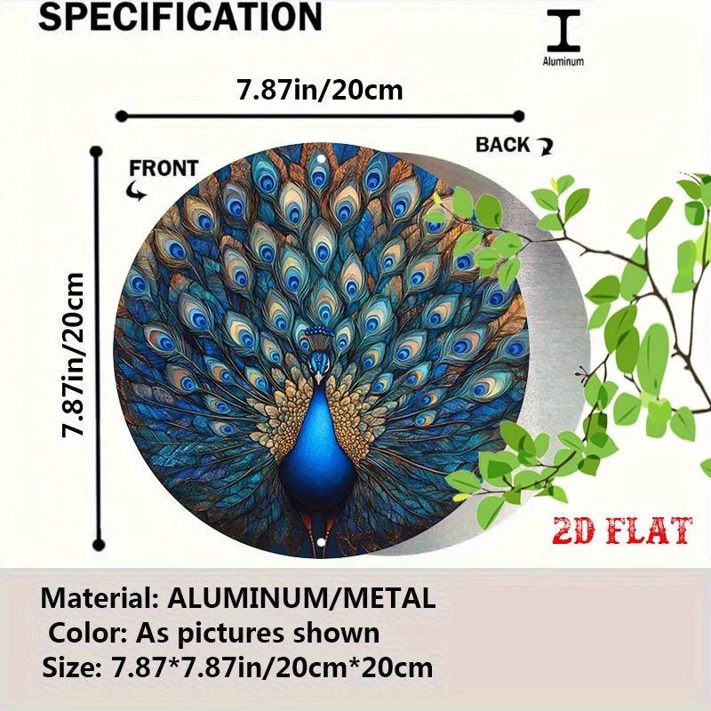 [2D Flat] Vintage Peacock Metal Wall Art - 2D Flat Round Decor with Rich Blue and Green Hues, Frameless Aluminum Sign for Living