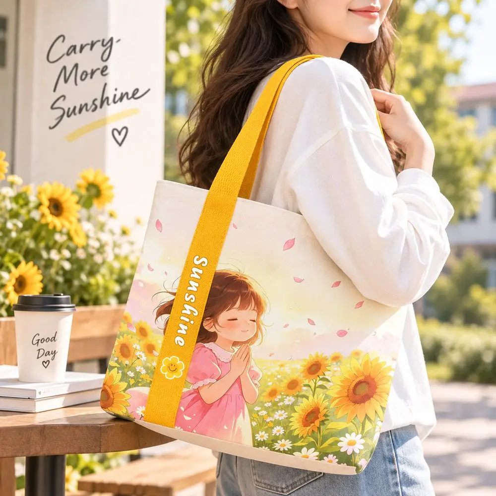 Gifts Sunflower Pattern Canvas Bag Large Capacity Lightweight Tote Bag Versatile Reusable Lunch Bag Daily Outfits
