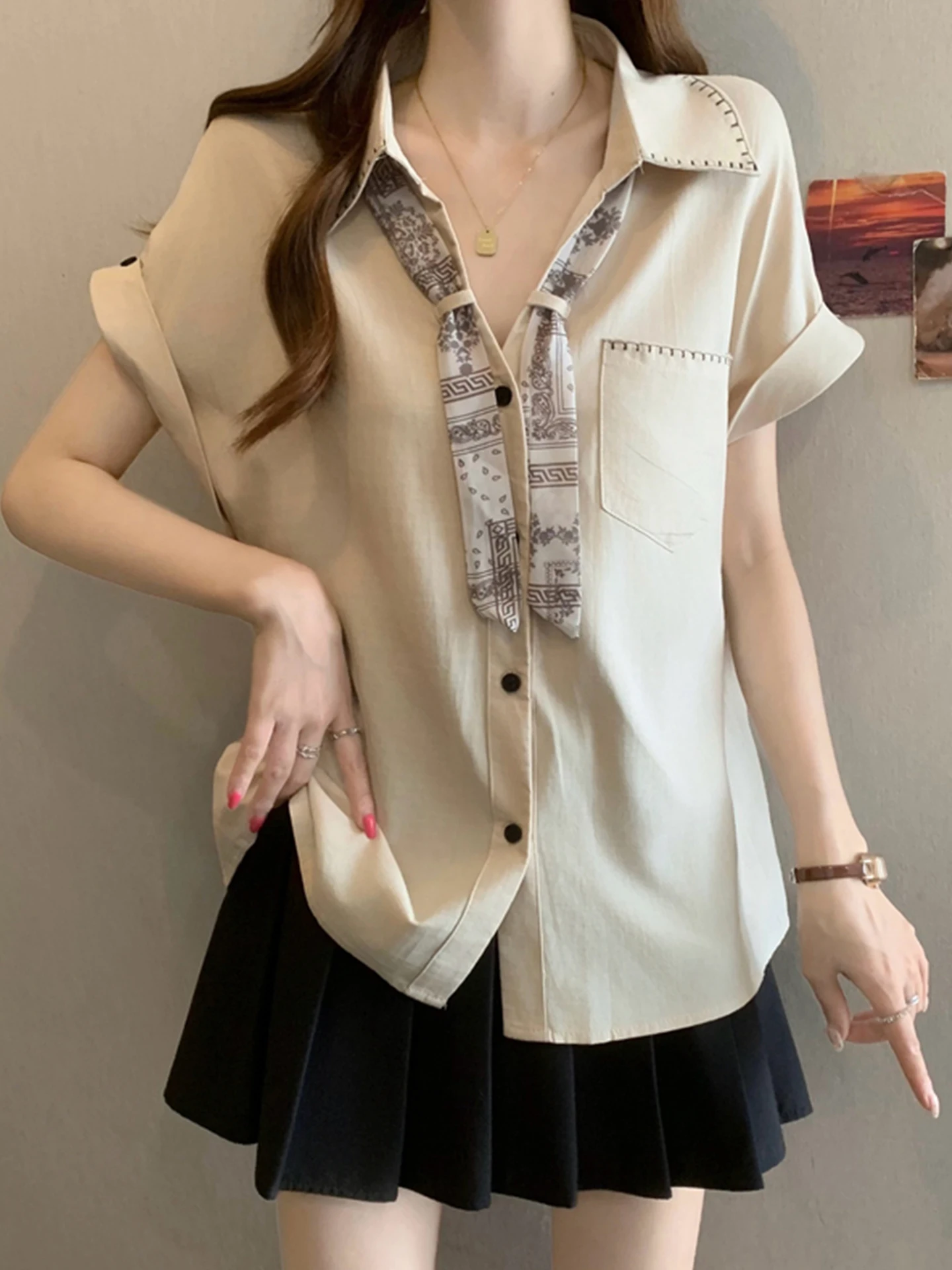 

Elegant Silk Scarf Short Sleeve Neck Shirt Women's Summer Unique Design Korean Style Loose Fit Breathable Thin Fabric