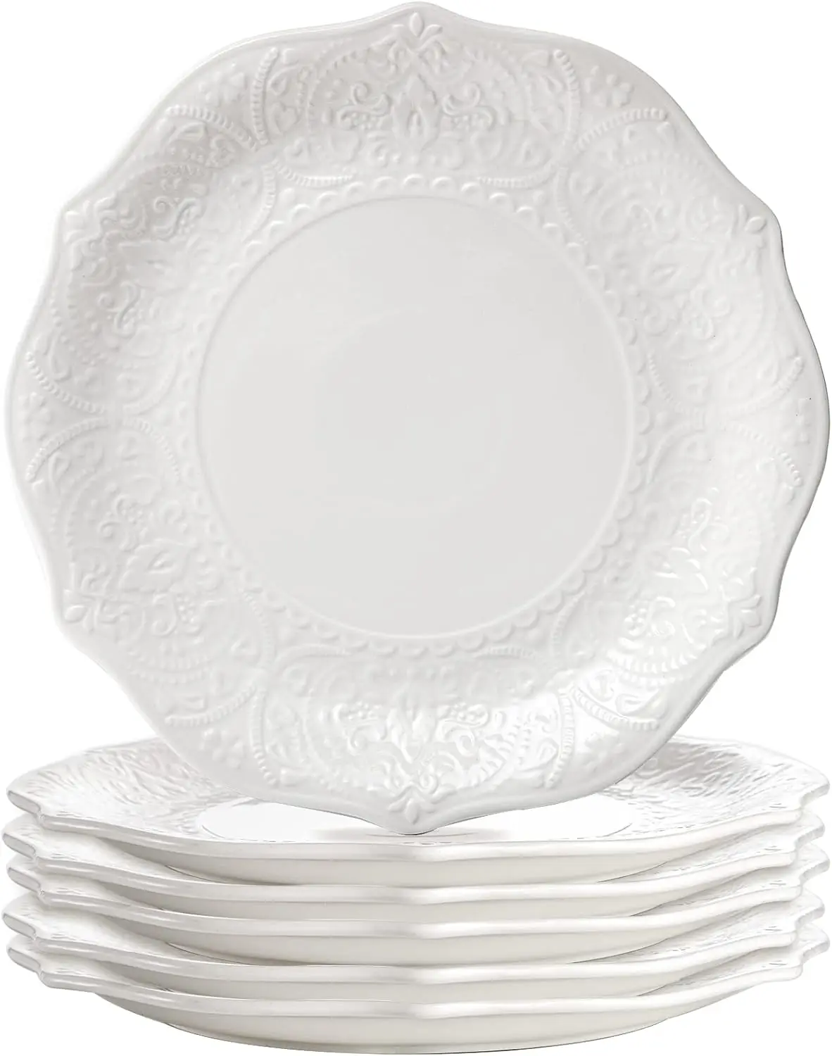 

Set of 6 Porcelain Dinner Plate, 10.5'' White Dinner Dish, Embossed Printing Dinnerware Plate for