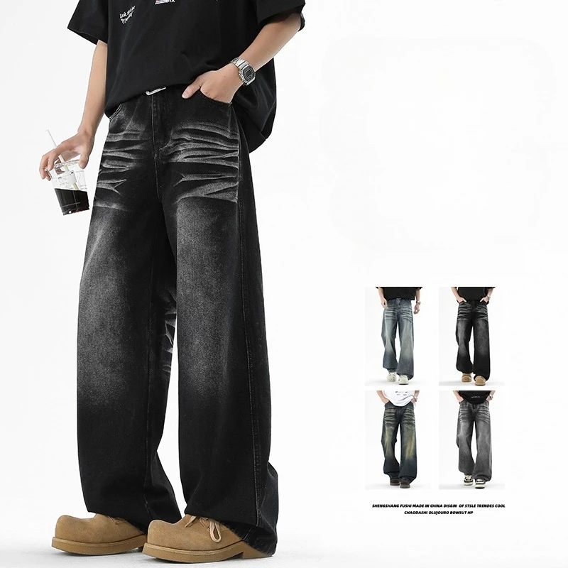 

Fashion Korean Vintage High Street Baggy Jeans Men Denim Pants Washed Male Jeans Straight Casual Menwear Loose Wide Leg Trousers