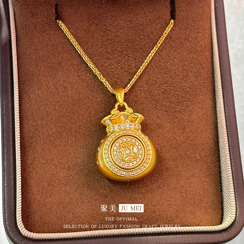 

9999 points diamond brushed rotating copper coin small lucky bag 24K real gold pendant necklace high-end light luxury gift