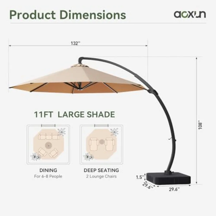 11 Feet Cantilever Umbrella for Patio, Aluminum Frame, Black, Windproof with 360 Rotation and Heavy Duty Construction for Outdo