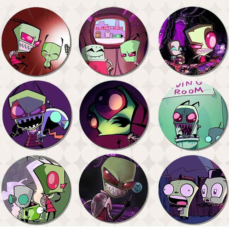 58MM Alien ET Green Invader ZIM Cartoon Button Pin GIR Dog Kawaii Anime Brooch Badge Bag Coat Decor Fans Collect Friend Gift