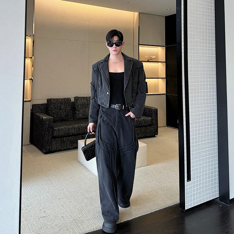 

Американский ретро-костюм: джинсовый комплект из двух предметов с высокой талией для мужчин, повседневный, свободный крой, длинный рукав