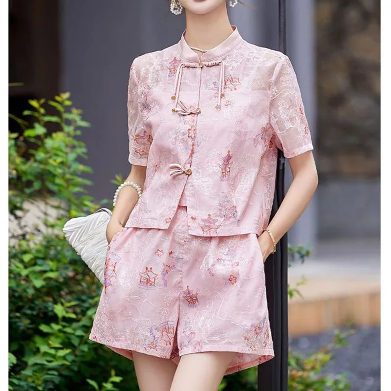 Pink Top Printing Suit Women's New Chinese Style Buckle Shorts Two-Piece Summer Fashion New Age-Reducing Improved Hanfu Clothing