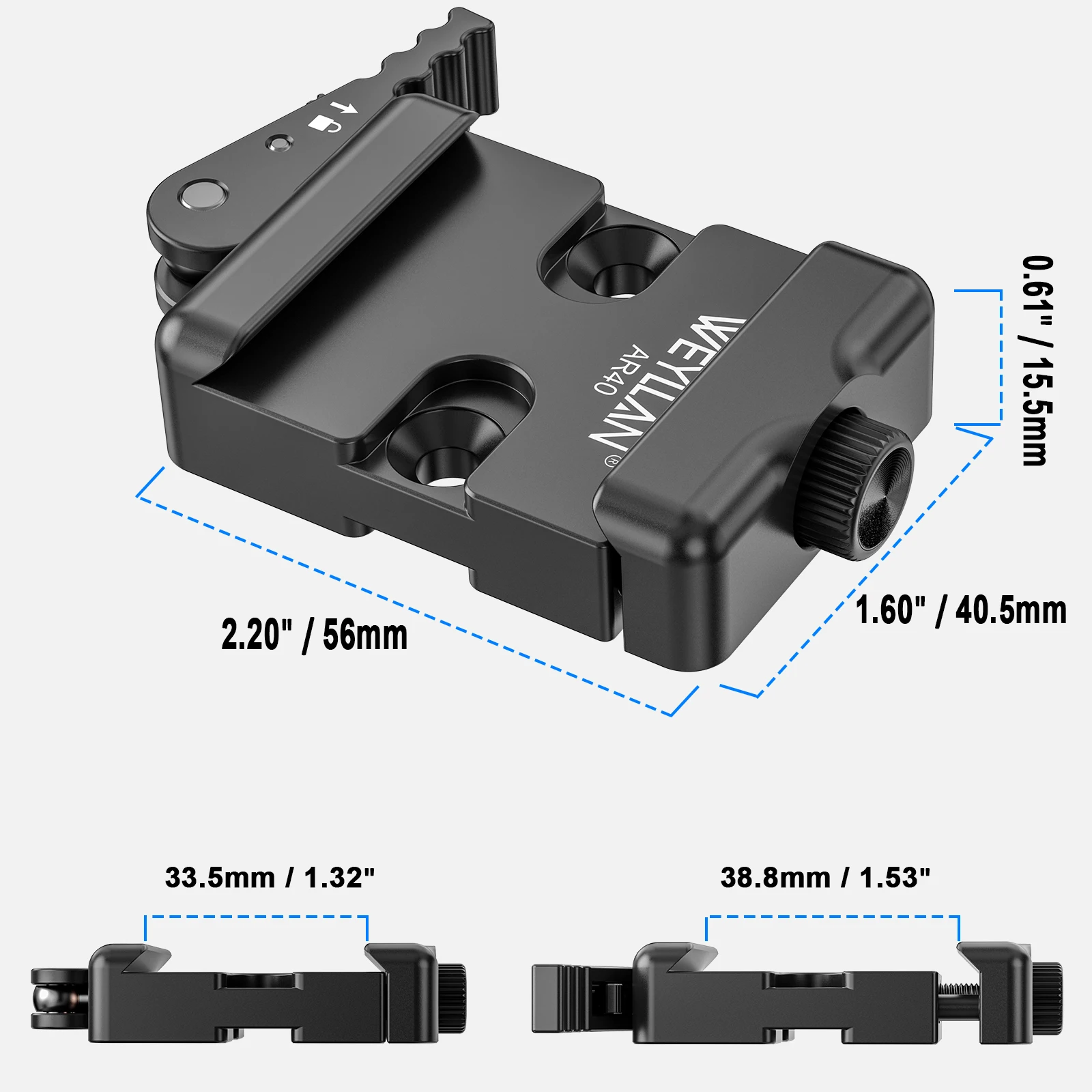 Szybkozłączka Arca-Swiss z dźwignią i pokrętłem precyzyjnego regulacji, adapter do mocowania na dwunógach Atlas Harris, głowicy kulowej statywu. — zdjęcie produktu 6