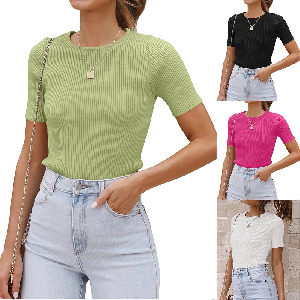 

Elegant Women's Ribbed Knitted Blouse, Crew Neck Short Sleeve Slim Fit Top, Soft Stretchy Casual T-Shirt for Summer