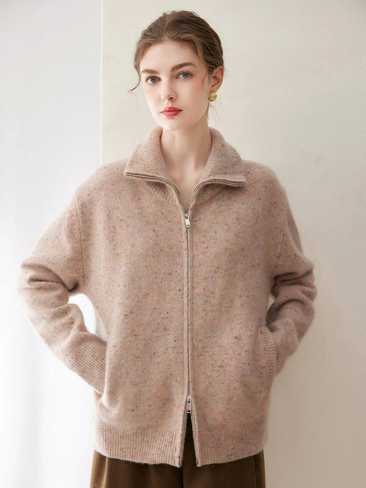 TLOML Women's 100% Cashmere Sweater Turtleneck Flower Yarn Color Dot Zipper Cardigan Autumn Winter Knitwear Warm Thicken Coat