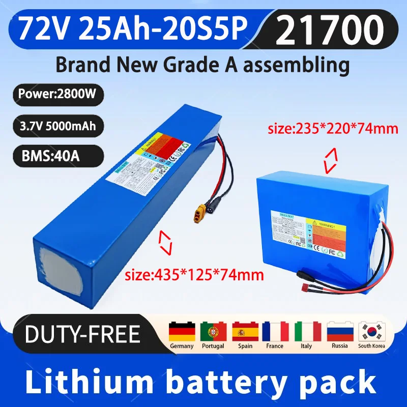 New 21700 72V 25AH 20S5P lithium battery pack with 3000w built-in BMS 0-3500W motor, high-power rechargeable battery+5A charger