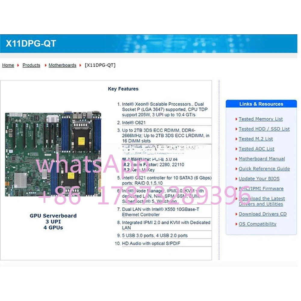 For Supermicro Server Motherboard 2nd Gen Xeon Scalable Processors LGA-3647 DDR4 PCI-E 3.0 M.2 IPMI2.0 X11DPG-QT