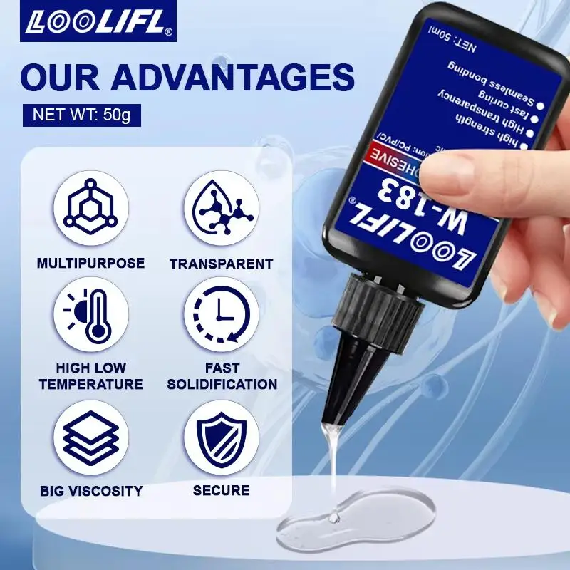 New UV Curing Adhesive W-183; Ideal for Glass, Metal, ABS Bonds; Comes with UV Lamp, 50ml, One Pack