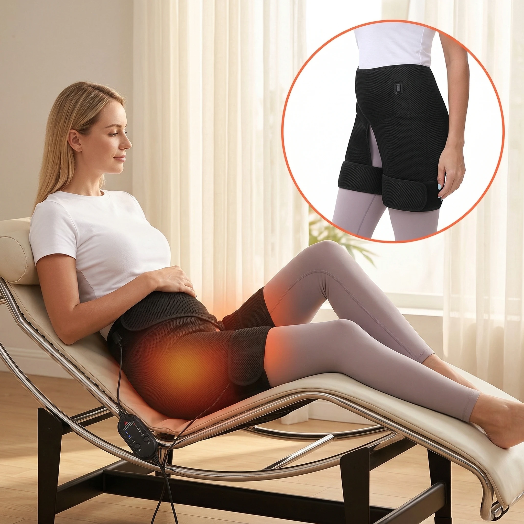 

Электрический массажер для бедер с подогревом, 3-скоростной тепловой массаж, режим ишиаса, облегчение боли, жесткость мышц бедра, облегчение спортивного восстановления