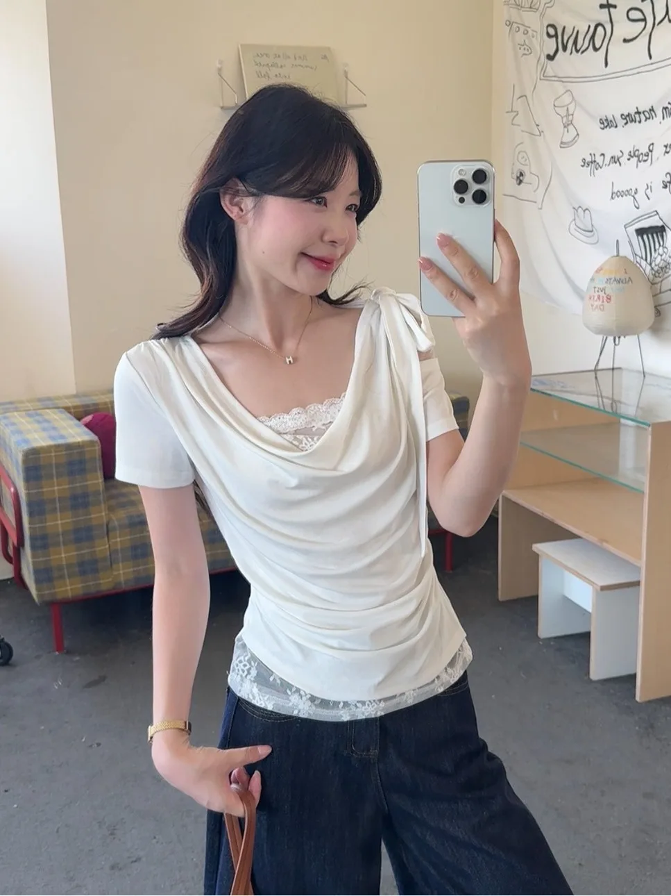 

plus Size Women's T-Shirt Short Sleeve Lace Splice Summer New Style Slimming Versatile Korean Style Commute Style Top