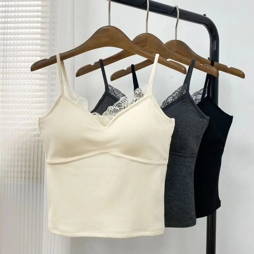 Herbst/Winter Figurbetontes Spitzenbesetztes Camisole-Top Weicher V-Ausschnitt Schlanke Passform Camisole-Oberteil Verdickt Bequem Warm Sexy Unterziehshirt