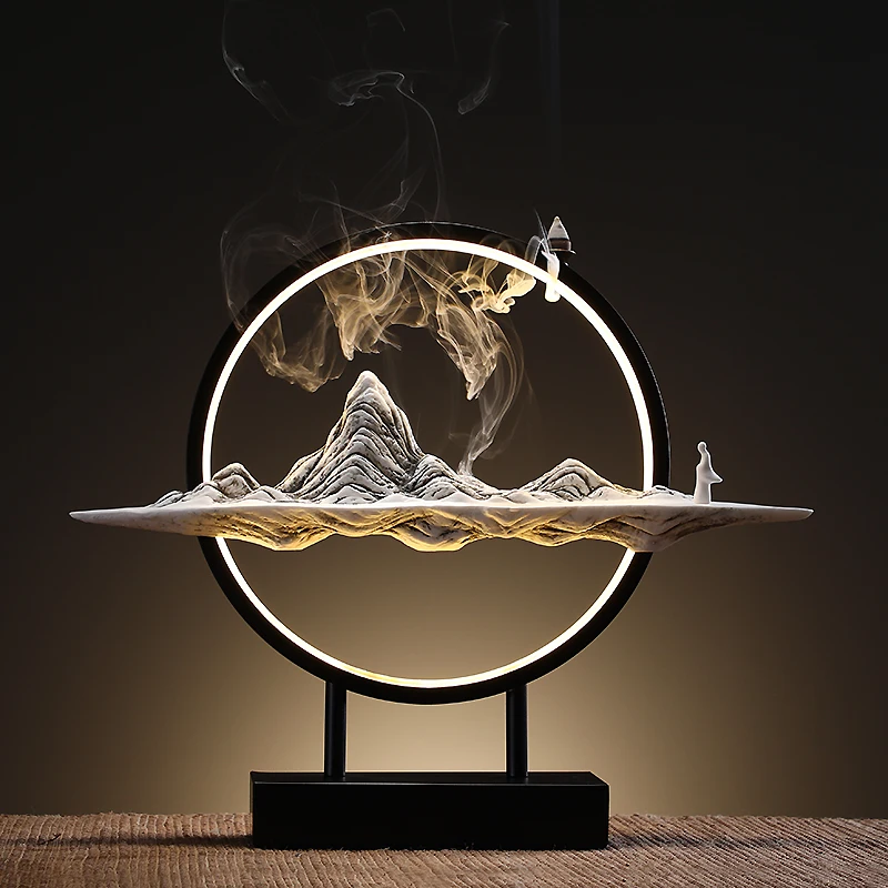 Chinese Style Mountain Waterfall Ceramic Backflow Incense Round LED Light Censer Home Decor