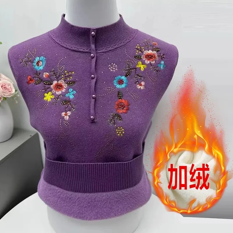 Mother's Winter Plush Thicken Sweater Elderly Women Embroidered Pullover Sweater Casual Large Size Knitted Jumper Feminia 5XL