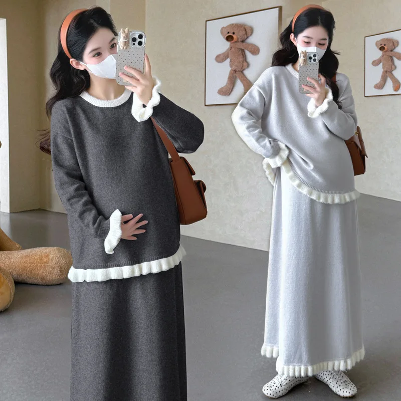 Maternity Suit Autumn Winter Gentle Cute Temperament Loose Soft Comfortable Ruffle Sweater And Skirt Pregnancy Two Piece Set