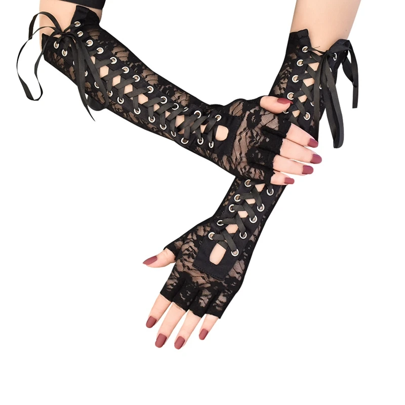 1 Pair Halloween Retro Sexy Women Long Gloves Lace Corset Arm Elbow Fingerless Black Glove