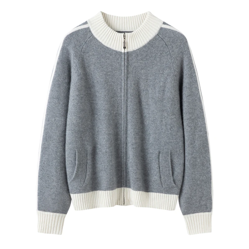 

2025 Women 100% Cashmere Sweater versatile fashion Autumn Winter new zipper Coat color-blocking Cardigan Cashmere Knitwear Top