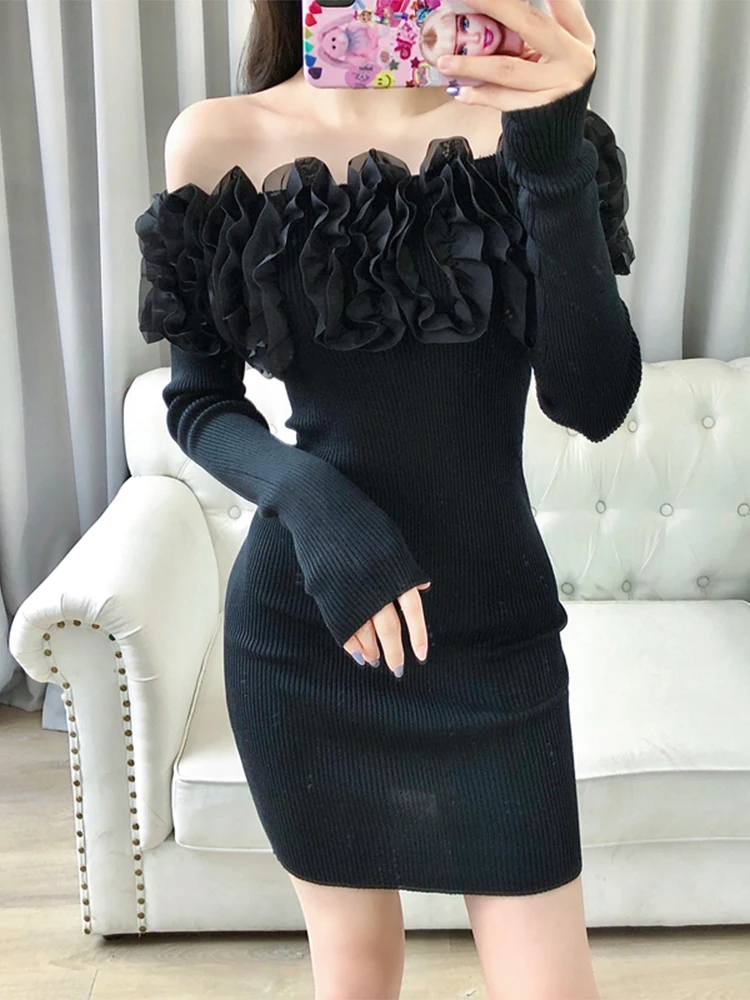 Spring Autumn High Quality Knitted Dress Women Chic Sexy Off Collar Ruffles Long Sleeve Stretchy Bodycon Dresses Bottoming 39907