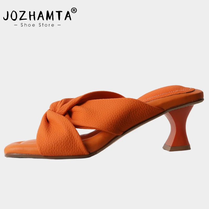 JOZHAMTA Size 34-40 Women Sandals Genuine Leather High Heels Summer Mules Shoes For Women Open Toe Bow Party Slippers Slides