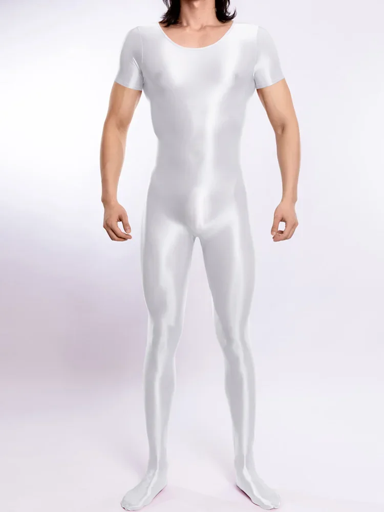 Tuta sexy in raso lucido Shaper ad alta elasticità Indossare body completo Collant a maniche corte Body esotico Zentai morbido unisex