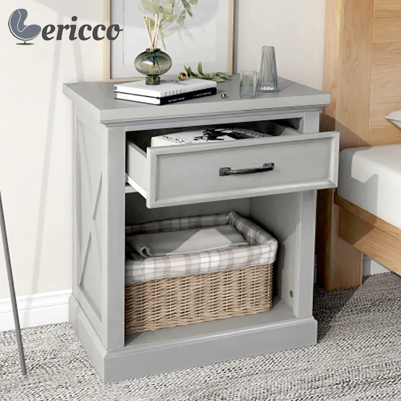 GERICCO Modern Wooden Nightstands Retro Minimalist Bedside Table Gray Storage Cabinet Bed Side Tables Home Bedroom Furniture