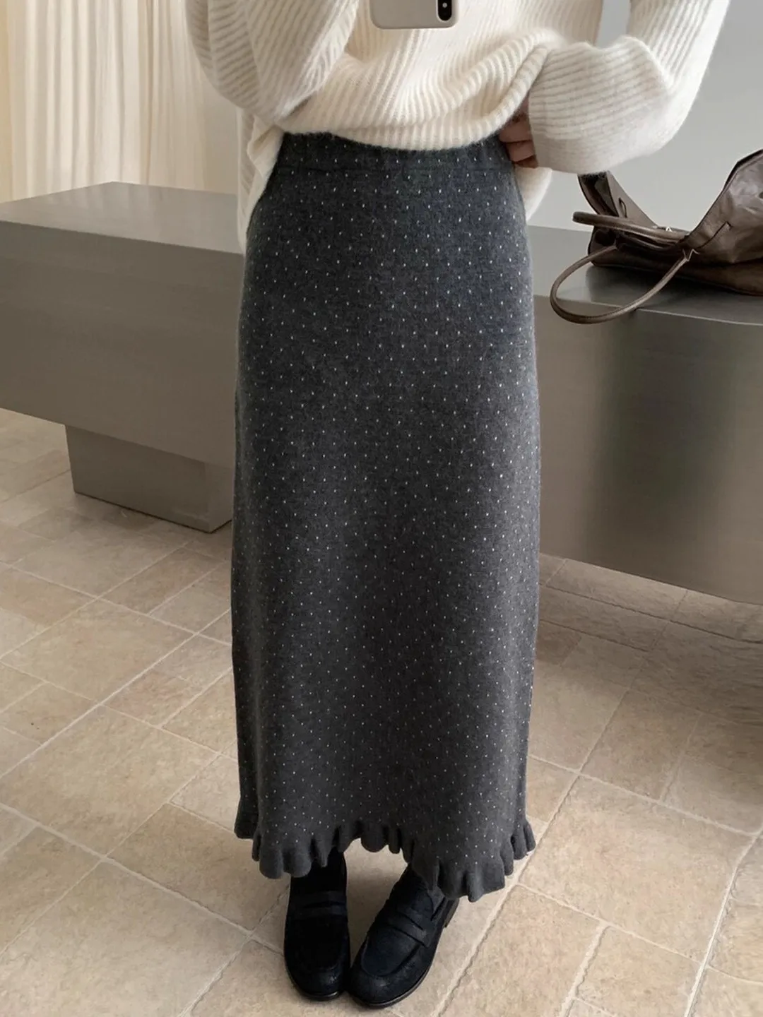 Deep Grey Polka Dot Wooden  Knitted Half Skirt Women's Beautiful Spring Autumn  Skirt Wrap Hip High Waist Long Skirt