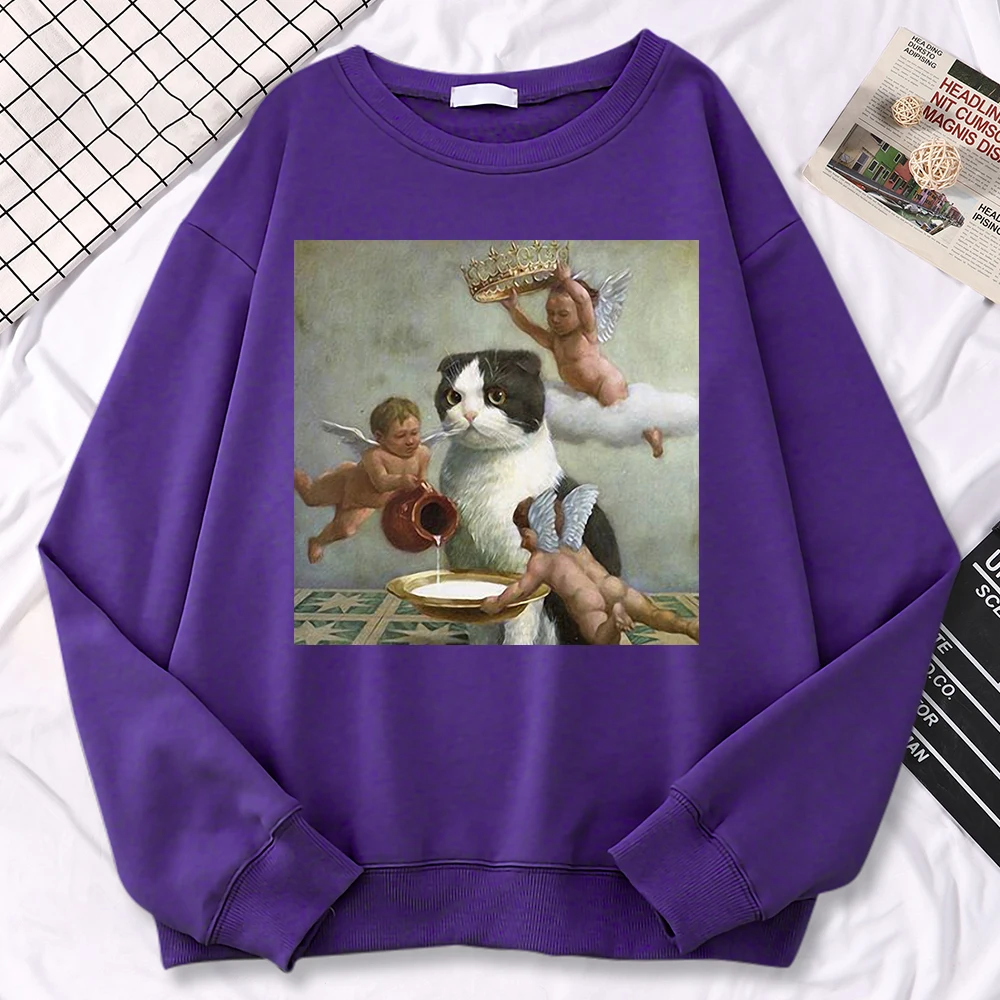 여성용 캐주얼 스웨트셔츠, 스코티시 폴드 엔젤 크라운 프린트 후드, 따뜻한 부드러운 풀오버, 크루넥 플리스, 여성 스트리트웨어, 가을 