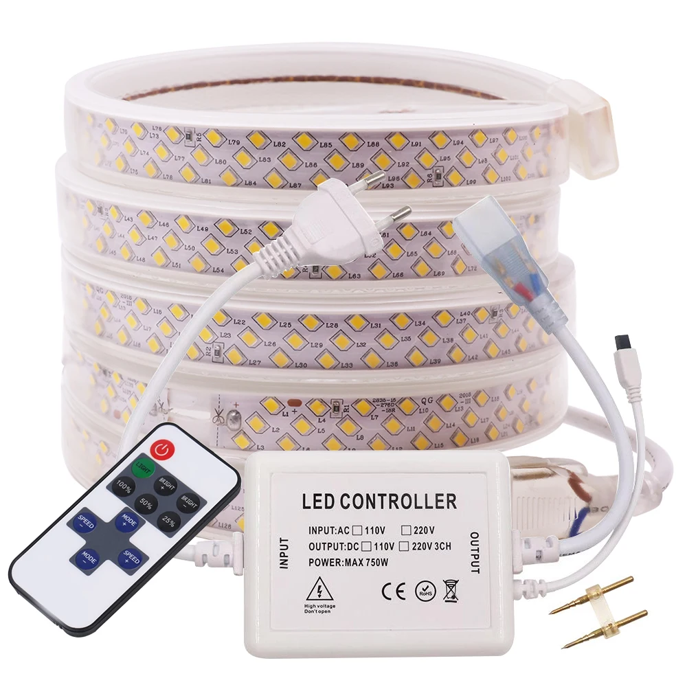 

276Leds/M Dimmerable AC 220V LED Strip Waterproof With Remote SMD 2835 Home Garden Decor Flexible Ribbon Tape Rope Light