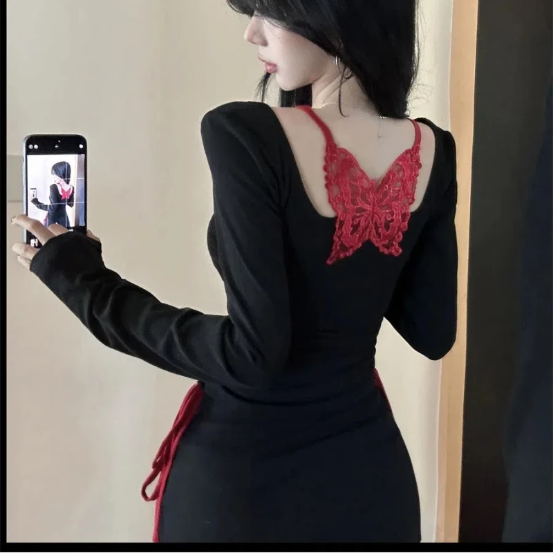 

Sexy Fake Two-piece Slim T Shirts Spring New Long Sleeve Contrast Drawstring Short High Street Tops Fashion Y2K Women Clothing