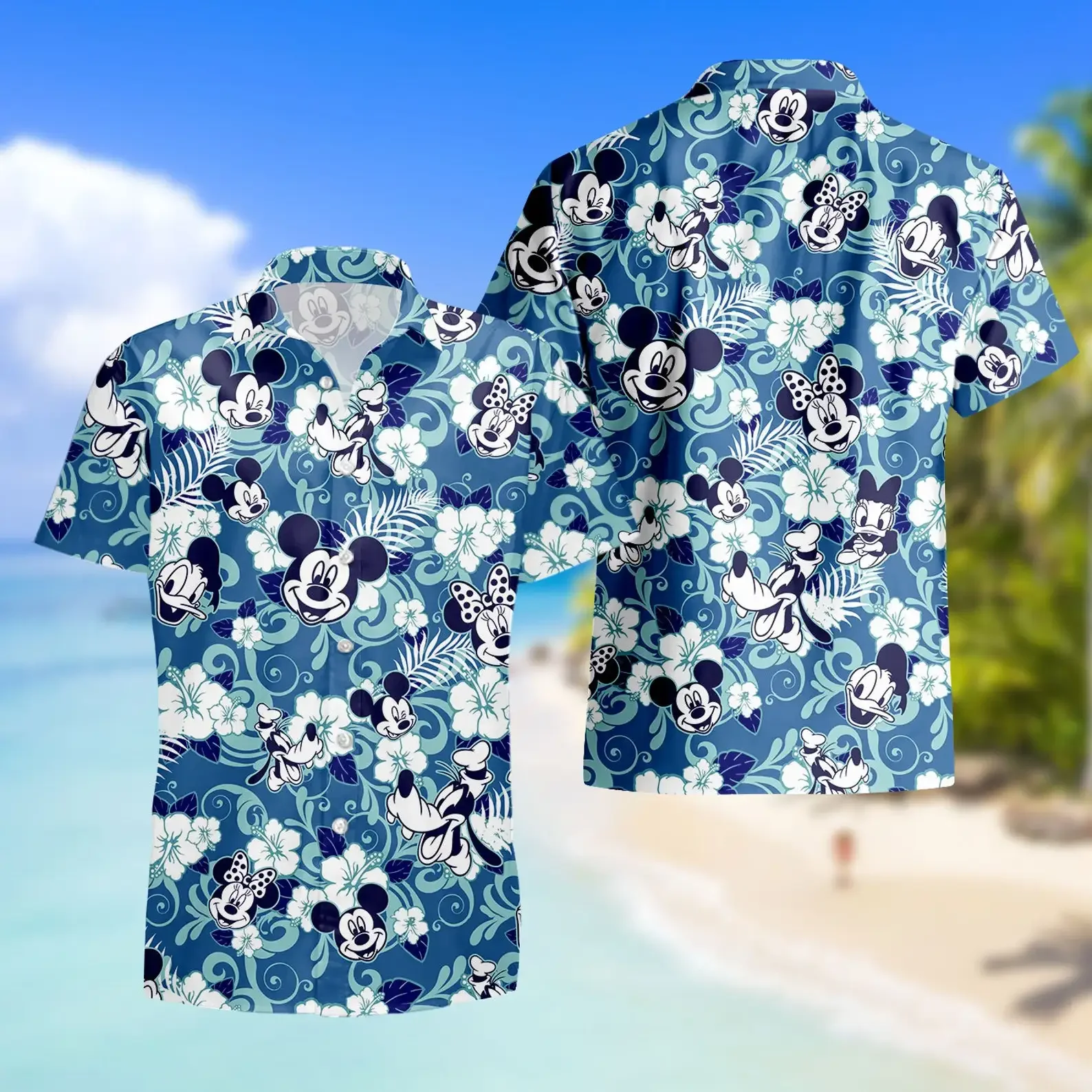 Camisa havaiana de mickey mouse masculina, de botão, manga curta, Disney Epcot, blusa praia, verão, retrô