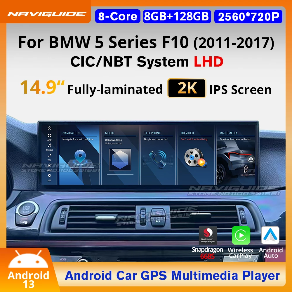 NAVIGUIDE 14.9\'\' Android13 Wireless Carplay Auto For BMW 5 Series F10 LHD 2011-2017 CIC NBT Car Radio GPS Navi Multimedia Player