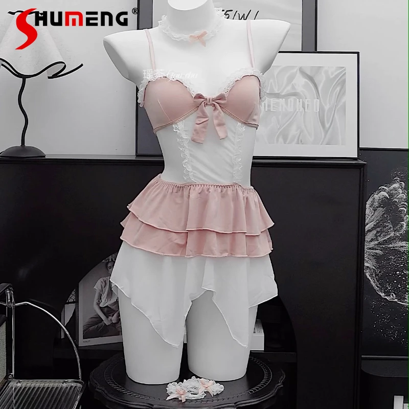 فستان نوم Sweet Girl لطيف مثير عميق على شكل حرف V على الطراز الياباني طقم قمصان نوم رغبة نقية قمصان نوم نسائية بدون أكمام بخصر عالٍ #1