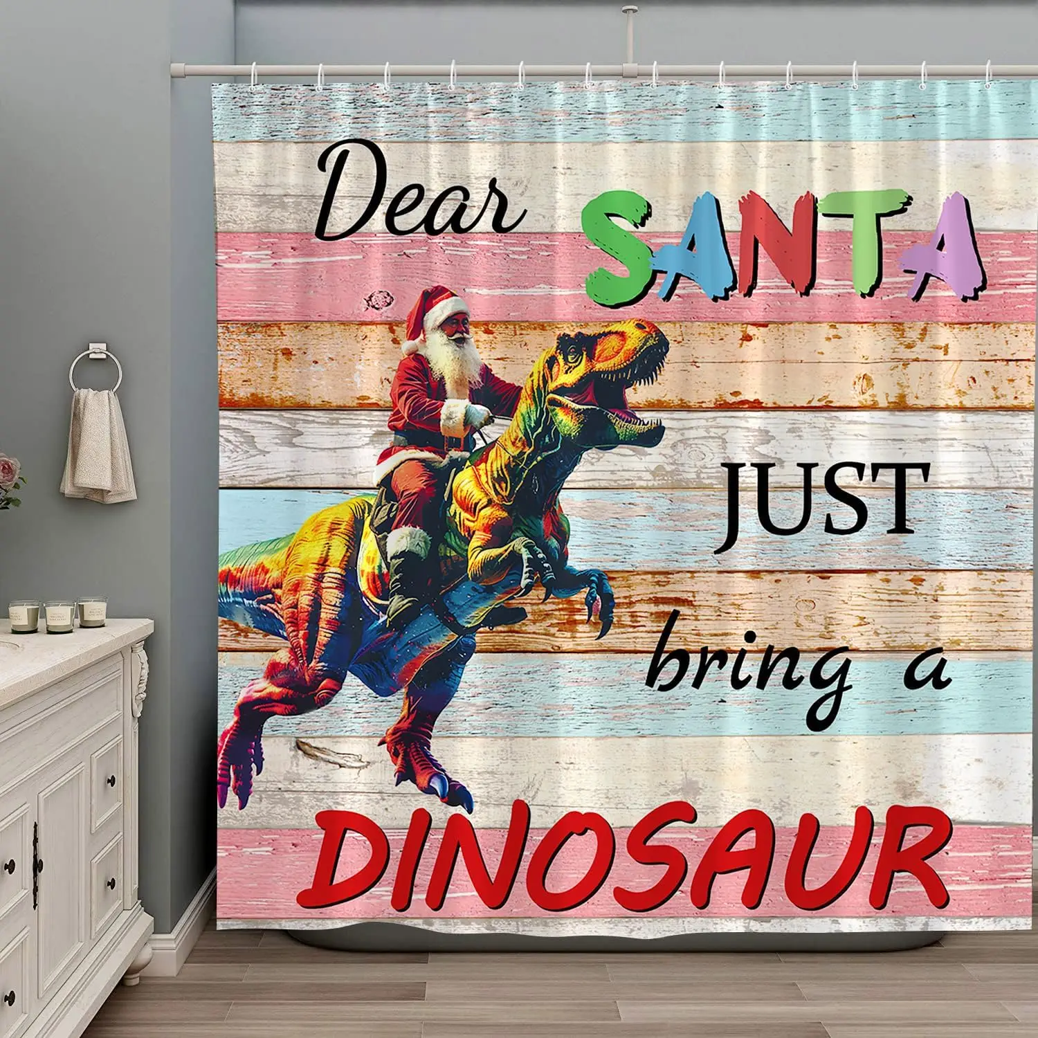 Merry Christmas Shower Curtain Santa Claus Riding Dinosaur Funny Animal Rustic Vintage Colorful Barn Wood Board Happy New Year