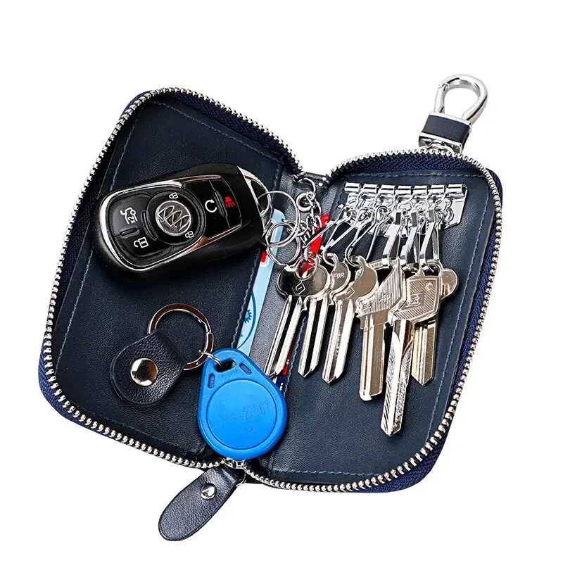 Cowhide Car Key Bag with Waist Hanging Keychain Men and Women Card Holder Smart Housekeeper Keys Portable Storage Zipper Pouch