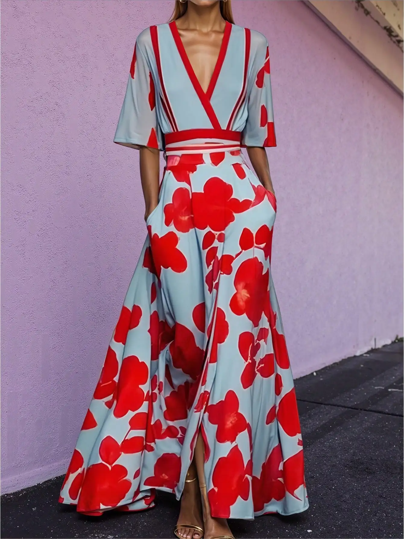 エレガントな女性用Vネックベルト付きボヘミアンロングドレス、花柄プリント半袖Aラインマキシドレス、ホリデーイブニングパーティーガウン、2025年春
