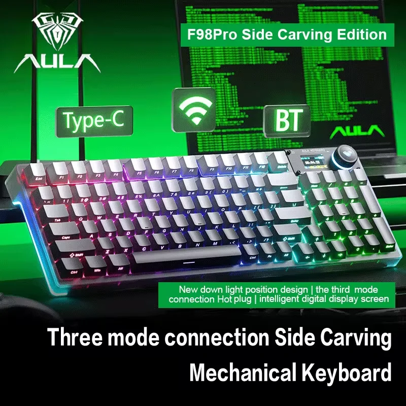 

AULA F98Pro Side Carved Mechanical Keyboard 98 Keys Transparent Key Cap Custom Three Mode Connection Hot Plug RGB HiFi Linear Sw