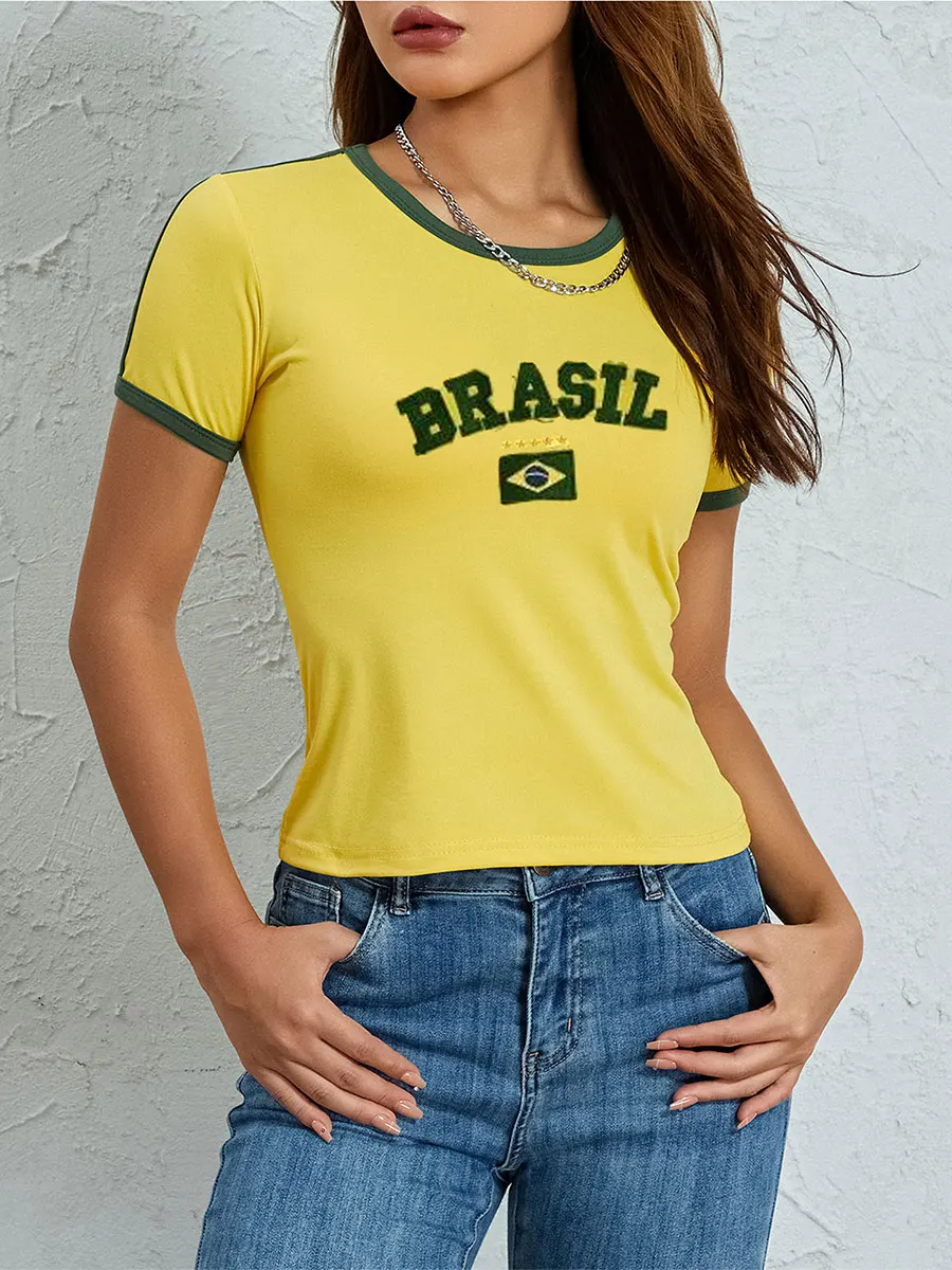 2024 Summer T-shirt For Women Brazil Letter AestheticVintage Y2k Crop Tops Casual Short Sleeve Tee Sporty Clothes Streetwear