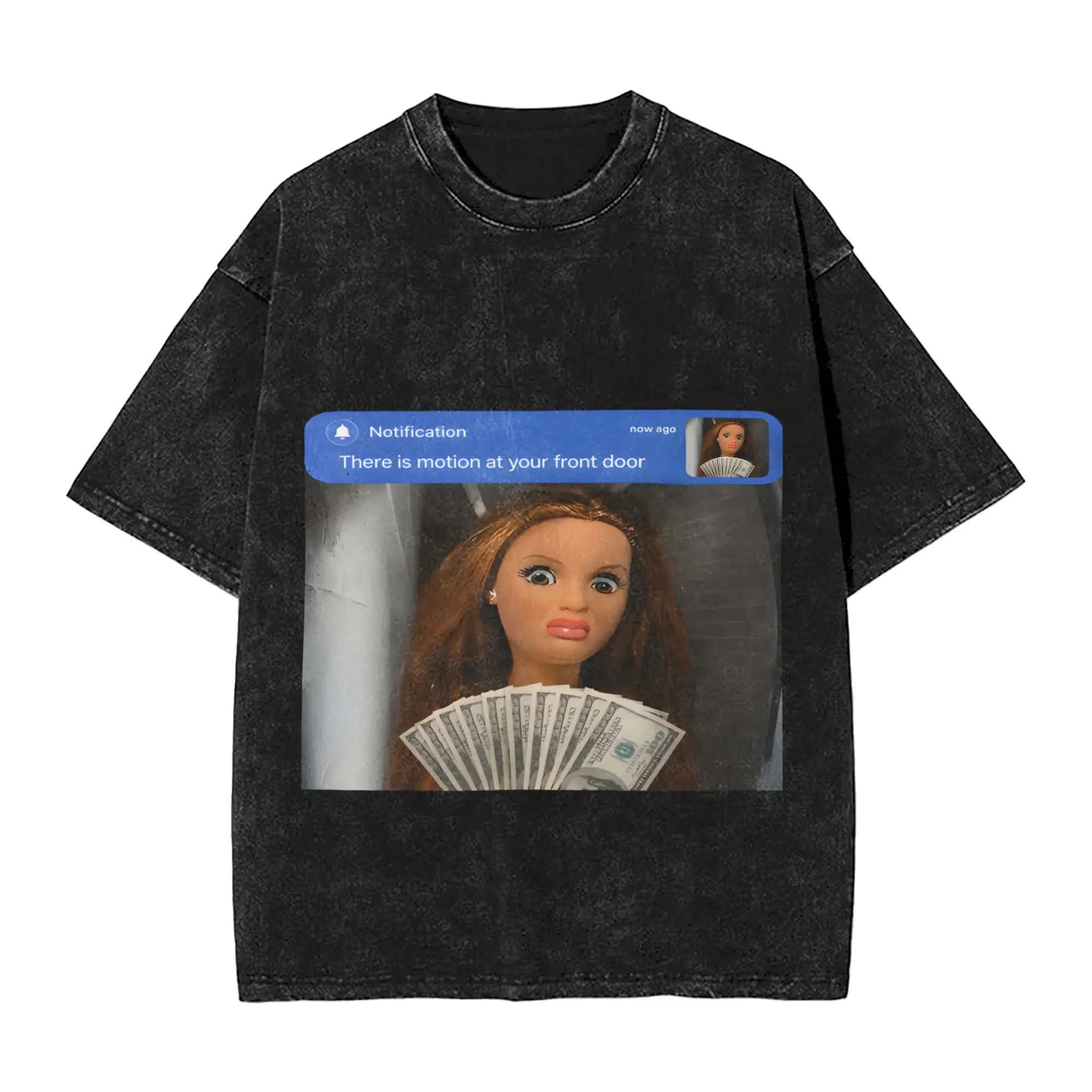 There Is Motion at Your Front Door, Doll Meme  Outfit Washed T Shirts for Men Women Streetwear Hip Hop T-Shirts