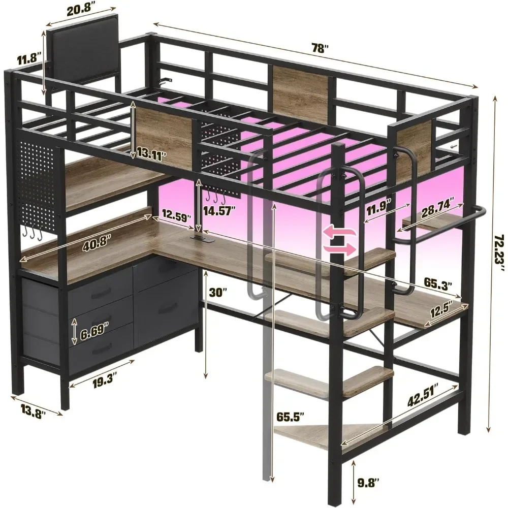 Indoor Loft Bed Twin Size, Safety Guard Ladder ,Desk Underneath &LED Lights, Charging Station, High Quality 5 Drawer 2 Pegboards