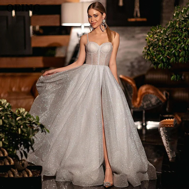 

OEING Sparkly A-Line Prom Dress Silver Sequined Draped Side Slit Party Gowns Floor Length Evening Dress Gala Customized