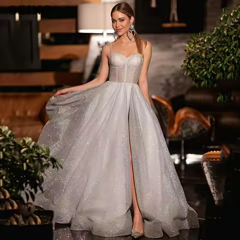 OEING Sparkly A-Line Prom Dress Silver Sequined Draped Side Slit Party Gowns Floor Length Evening Dress Gala Customized